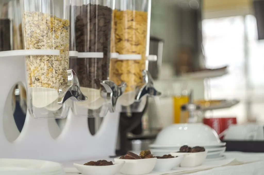 Cereal and muesli station at breakfast